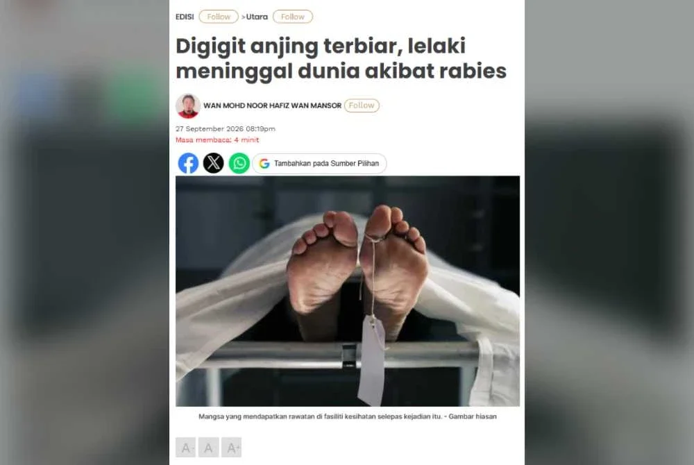 Seorang lelaki di Kubang Pasu meninggal dunia akibat rabies pada Ahad.