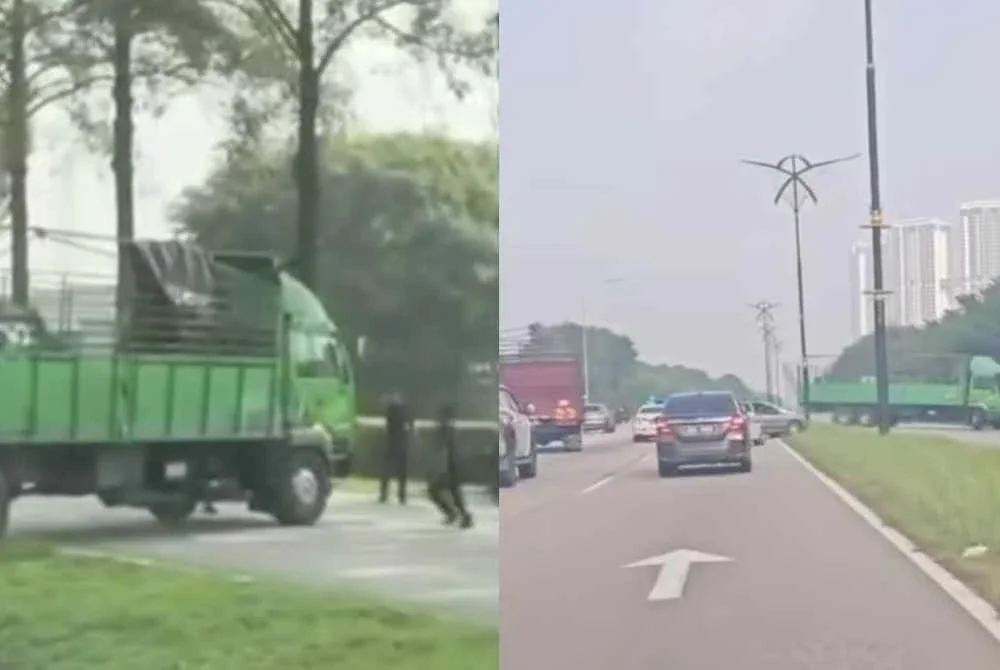 Tangkap layar lori hijau disyaki dicuri dikejar polis di Pasir Gudang.
