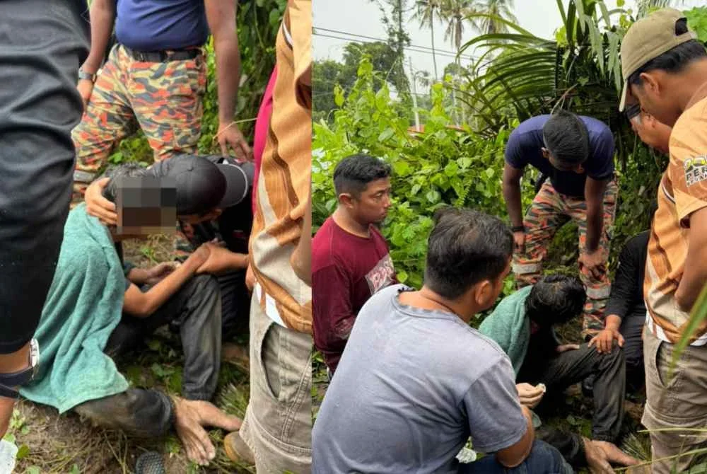Muhammad Nurfirdaus (baju hijau) ditemui selamat dalam jarak 1.2 kilometer dari lokasi dilaporkan hilang, berhampiran kawasan ladang kelapa sawit berhadapan Sekolah Kebangsaan Batu 7, Tanjung Tualang pada Rabu.