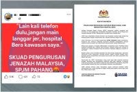 JKNP menafikan kaitan Hospital Bera dengan satu hantaran di media sosial membabitkan isu pengurusan jenazah yang didakwa berlaku di hospital berkenaan. 