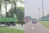 Tangkap layar lori hijau disyaki dicuri dikejar polis di Pasir Gudang.