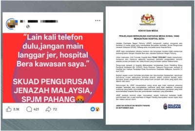 JKNP menafikan kaitan Hospital Bera dengan satu hantaran di media sosial membabitkan isu pengurusan jenazah yang didakwa berlaku di hospital berkenaan. 