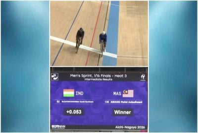 Azizulhasni (kiri) berjaya mengatasi Beckham dalam acara pecut Sukan Asia Aichi-Nagoya. Foto: Agensi.