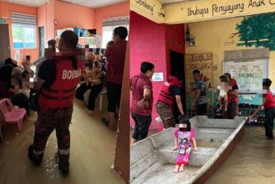 Bomba memindahkan 37 kanak-kanak dan tujuh guru yang terperangkap akibat banjir kilat di Jalan Mohd Amin, Johor Bahru. Foto JBPM Johor