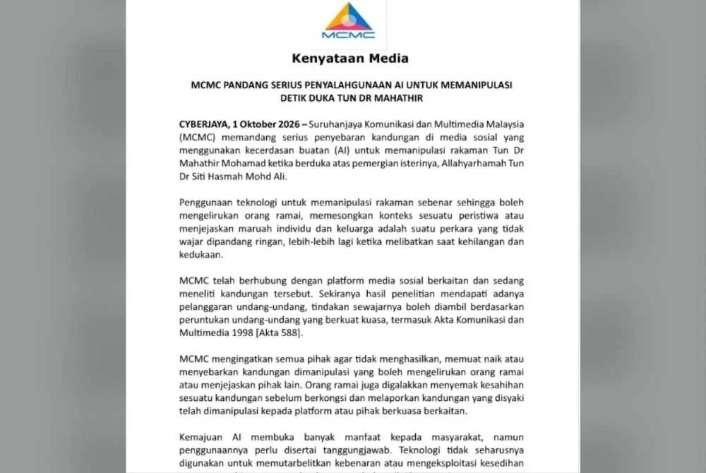 Kenyataan media yang dikeluarkan MCMC pada Jumaat.