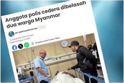Laporan Sinar Harian mengenai anggota polis cedera dibelasah dua warga Myanmar. 