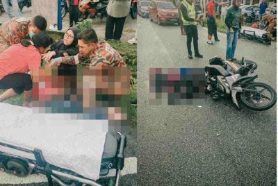 Nahas di Taman Perpaduan Ria, Tambun pada Jumaat mengorbankan dua pelajar perempuan, manakala seorang lagi pelajar cedera parah. Foto JBPM Perak