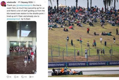 Peminat-peminat F1 hadir menyaksikan latihan bebas kedua sempena F1 Gulf Air Bahrain Grand Prix di Malaysia 2026 di SIC pada Sabtu dan Tangkap layar hantaran pengguna Threads yang memuji pergerakan penonton pada hari kedua yang lebih teratur dan pantas.