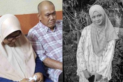 Jameyah (kiri) dan Khyar (kanan) tidak dapat menahan sebak ketika ditemui di rumah mereka di Kampung Parit Selamat, Yong Peng. Gambar kanan: Allahyarham Irene Sofiya