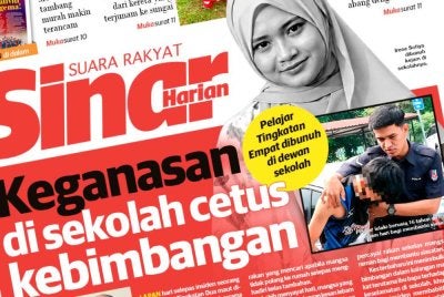 Laporan muka depan Sinar Harian pada Isnin.