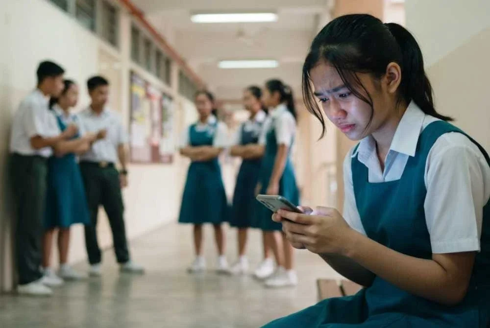 Pelajar hari ini hidup dalam dua dunia serentak iaitu fizikal dan digital menyebabkan pertelingkahan boleh berlaku tanpa henti di luar pengetahuan guru dan ibu bapa. Foto hiasan janaan AI