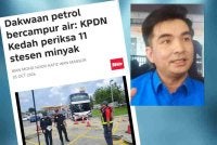 Laporan Sinar Harian mengenai dakwaan petrol dicampur air. Gambar kecil: Mohamad Yusrizal Yusoff