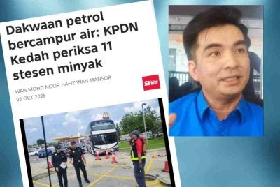 Laporan Sinar Harian mengenai dakwaan petrol dicampur air. Gambar kecil: Mohamad Yusrizal Yusoff