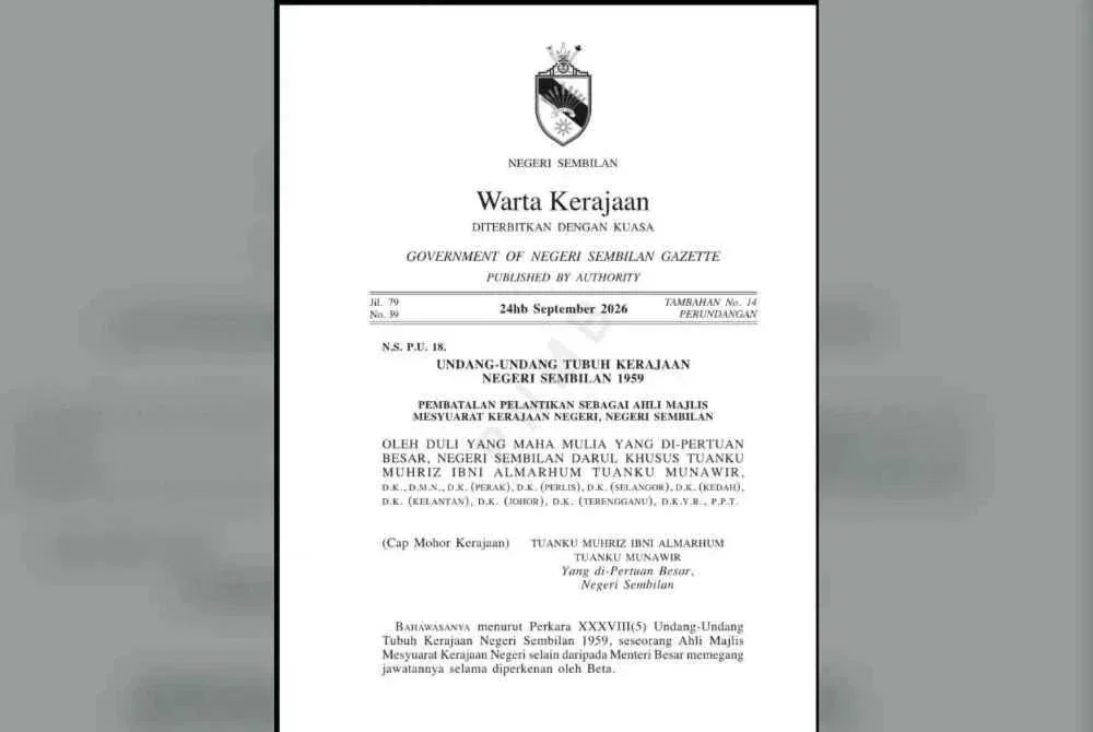 Warta pembatalan jawatan 10 Exco Negeri Sembilan yang tersebar baru-baru ini.