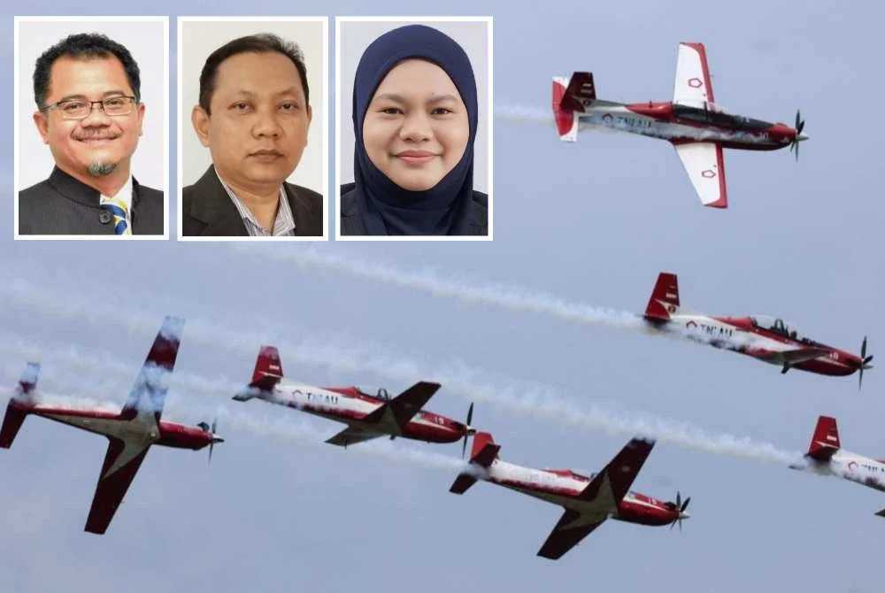 Aksi pesawat aerobatik ketika pertunjukan udara sempena LIMA yang menjadi antara tarikan utama acara berkenaan. Foto kecil dari kiri: Aimi Zulhazmi, Zaki dan Norlida Hanim