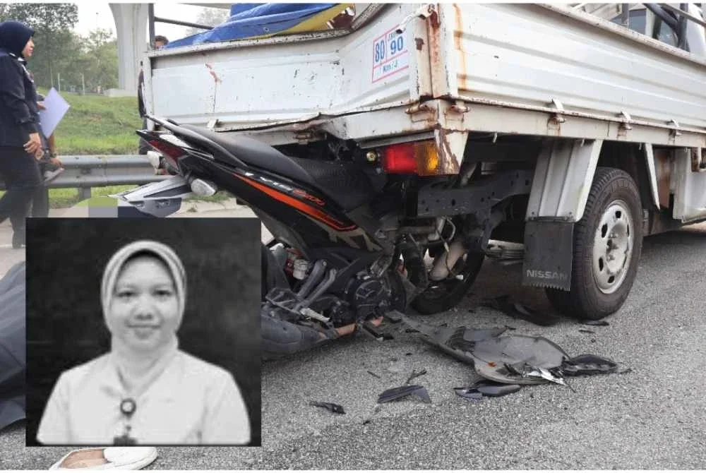 Motosikal ditunggang dari Selayang ke Sungai Buloh itu dipercayai hilang kawalan lalu berlanggar dengan sebuah lori. Gambar kecil: Allayharhamah Noor Athirah Yaacob 