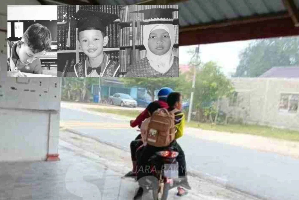 Tangkap layar tular gambar motosikal dinaiki tiga beradik itu berpatah balik selepas sampai ke sekolah.