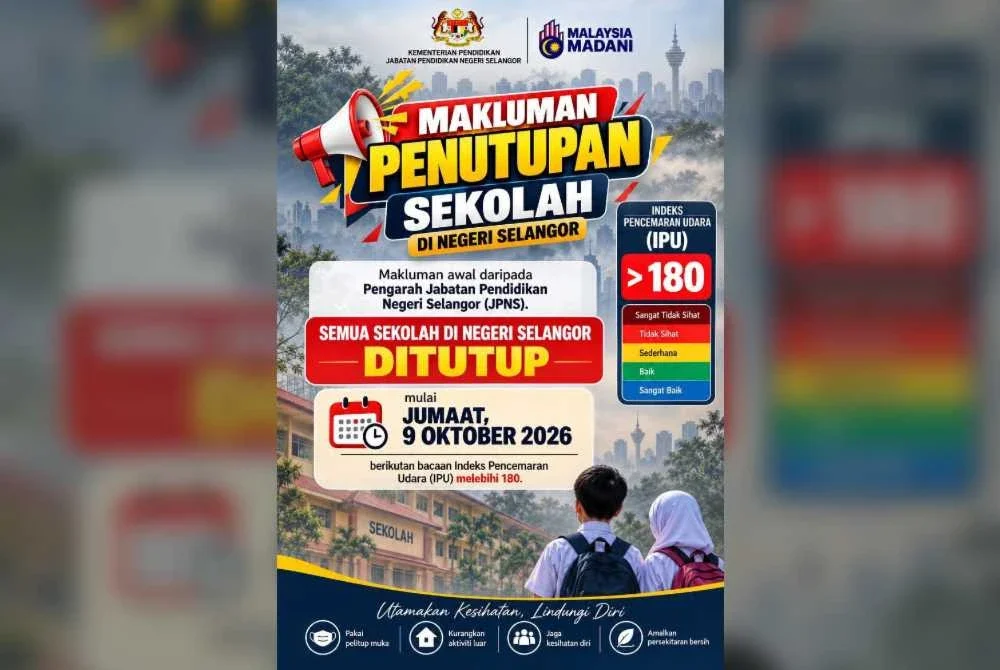 Sekolah dan institusi pendidikan di bawah KPM di Selangor ditutup sepenuhnya mulai Jumaat susulan keadaan jerebu.