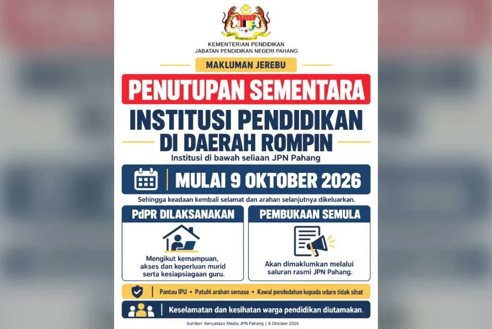 JPN Pahang arah institusi pendidikan di Rompin ditutup sementara akibat jerebu.