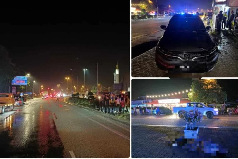 Seorang pengurus restoran makanan segera maut selepas dirempuh sebuah kereta ketika melintas jalan di Kilometer 31, Jalan Kuala Terengganu-Bukit Besi, berhampiran Masjid Ajil semalam. - Foto: IPD Hulu Terengganu