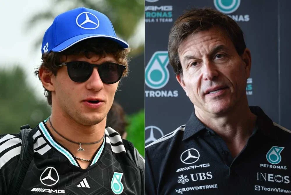 Wolff optimis Antonelli (kiri) memiliki kemampuan untuk muncul juara dunia F1. Foto Bernama & AFP