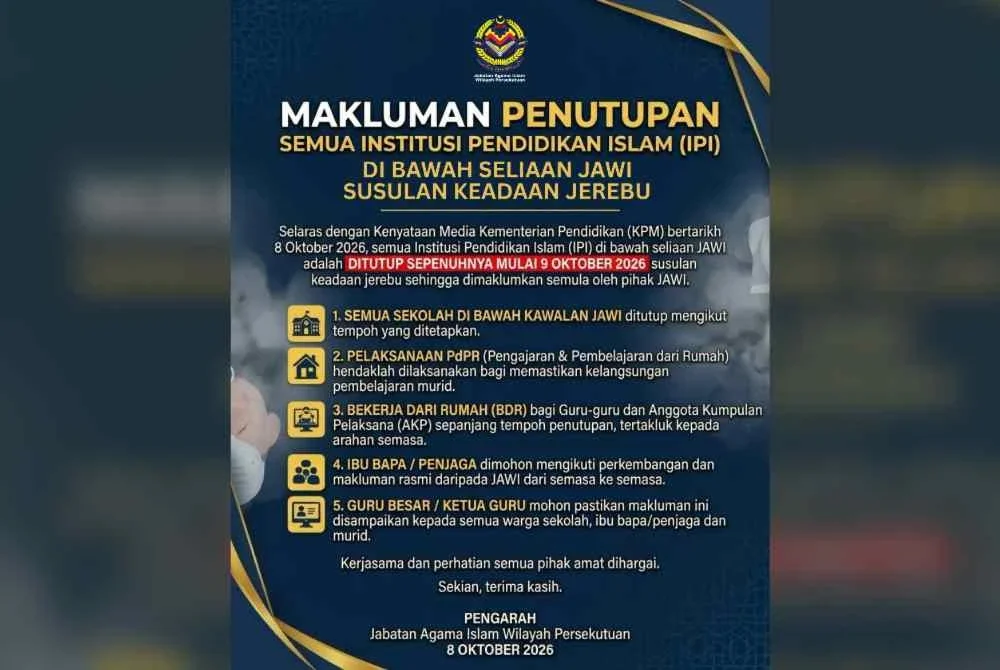 Jawi menerusi kenyataan di Facebook memaklumkan semua sekolah itu, perlu melaksanakan Pengajaran dan Pembelajaran di Rumah (PdPR) bagi memastikan kelangsungan pembelajaran murid.