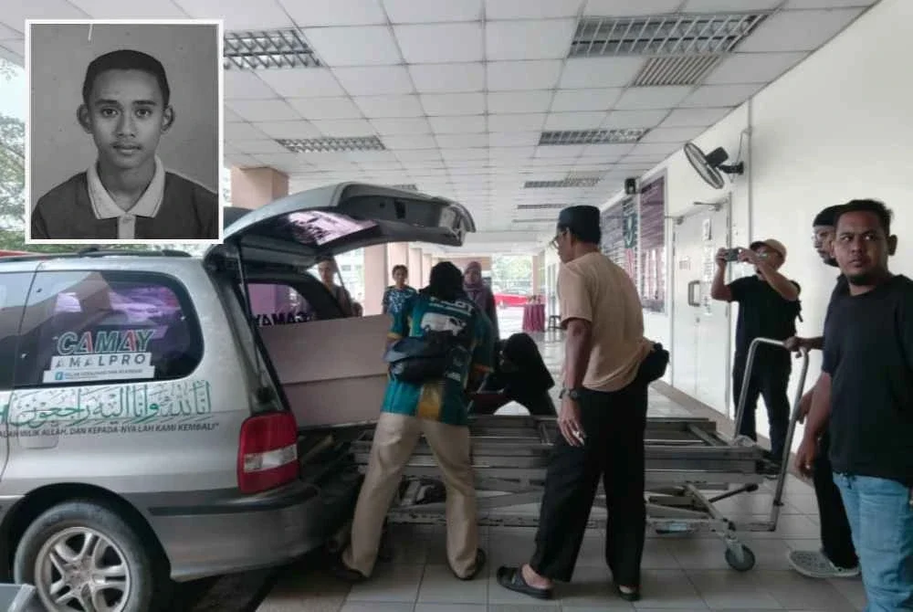 Jenazah Muhammad Haikal dibawa keluar dari Jabatan Forensik HSB untuk dikebumikan pada Khamis. Gambar kecil: Muhammad Haikal