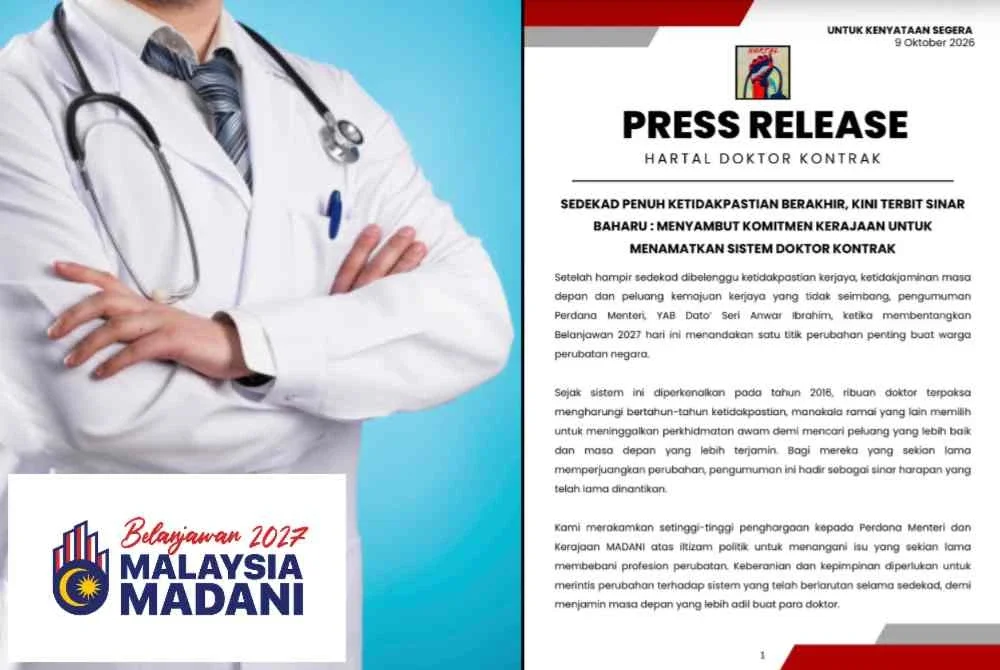 Tangkap layar kenyataan media Hartal Doktor Kontrak yang menyambut baik pengumuman Perdana Menteri ketika pembentangan Belanjawan 2027 di Dewan Rakyat pada Jumaat.