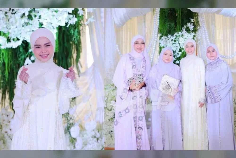 Bella tampil jelita dengan busana dres renda berona putih manakala ahli keluarga dan pengiring pengantin elegan dengan pakaian bertemakan warna ungu.