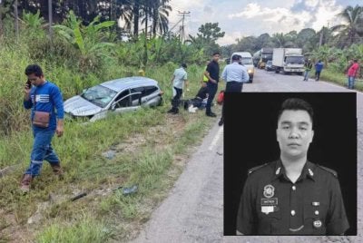 Keadaan kenderaan pasukan terbabit dalam kemalangan dan mangsa disahkan meninggal dunia di Hospital Kinabatangan. Foto kecil: Mathew Zulian Ak Backly