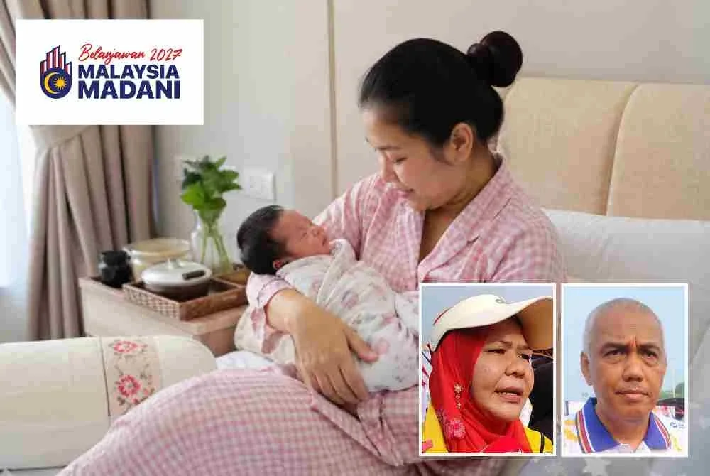 Pelanjutan cuti bersalin yang diumumkan menerusi Belanjawan 2027 diharap dapat membantu meningkatkan kadar kelahiran penduduk. Gambar kecil: Salbiah, Khairudin