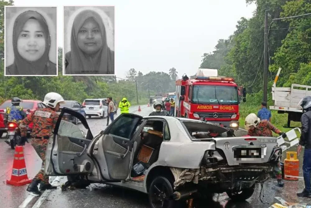 Keadaan Proton Waja dipandu mangsa yang terlibat dalam nahas membabitkan lima kenderaan di Kilometer 48, Kampung Selamat, Jalan Kuala Terengganu-Kota Bharu di Setiu pada Sabtu. Gambar kecil: Zawiah (kiri) dan Nur Fauziah