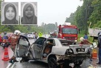 Keadaan Proton Waja dipandu mangsa yang terlibat dalam nahas membabitkan lima kenderaan di Kilometer 48, Kampung Selamat, Jalan Kuala Terengganu-Kota Bharu di Setiu pada Sabtu. Gambar kecil: Zawiah (kiri) dan Nur Fauziah