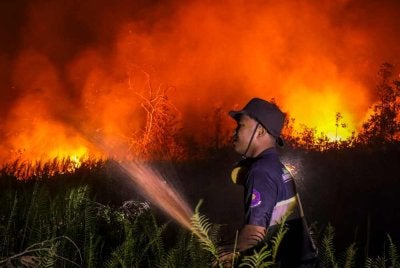 Seorang anggota bomba menyembur air bagi memadam kebakaran hutan yang marak di kawasan Panarung, Palangkaraya, wilayah Kalimantan Tengah, pada 8 Oktober 2026. Foto AFP