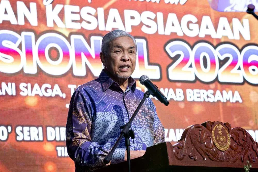 Ahmad Zahid berucap pada Majlis Pelancaran Sambutan Bulan Kesiapsiagaan Nasional (BKN) Tahun 2026 di Pusat Konvensyen Ipoh. Foto Bernama