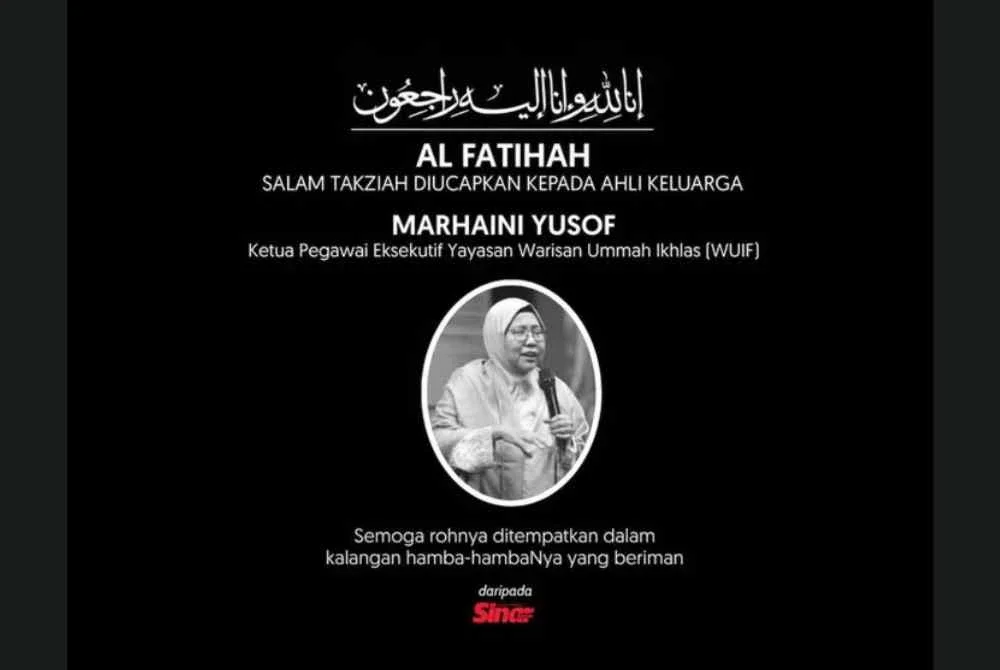 Marhaini, 56, menghembuskan nafas terakhir pada jam 8.44 pagi di Hospital Universiti Teknologi Mara (UiTM) Sungai Buloh selepas mendapat rawatan sejak Khamis lalu.