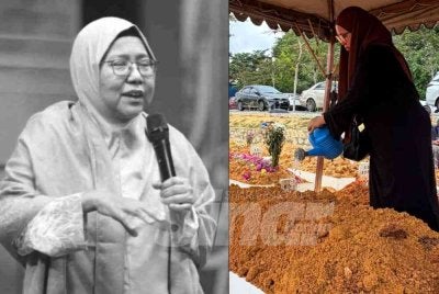 Anak kepada Allahyarham Marhaini, Sarah Ambok menyiram pusara ibu tercinta.