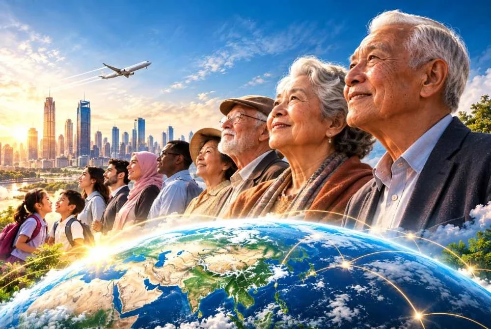 Menjelang akhir 2070-an, jumlah penduduk dunia berumur 65 tahun dan ke atas akan mencecah 2.2 bilion orang. Imej janaan AI