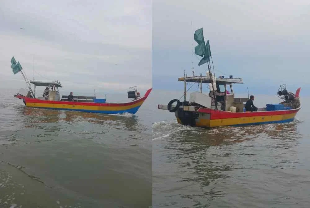 Bot fiber bersama ketiga-tiga kru yang ditahan di perairan barat laut Pulau Pasir Hitam, Kuala Kurau pada Ahad dibawa ke Jeti Ibu Pejabat Maritim Zon Kuala Kurau untuk tindakan lanjut.