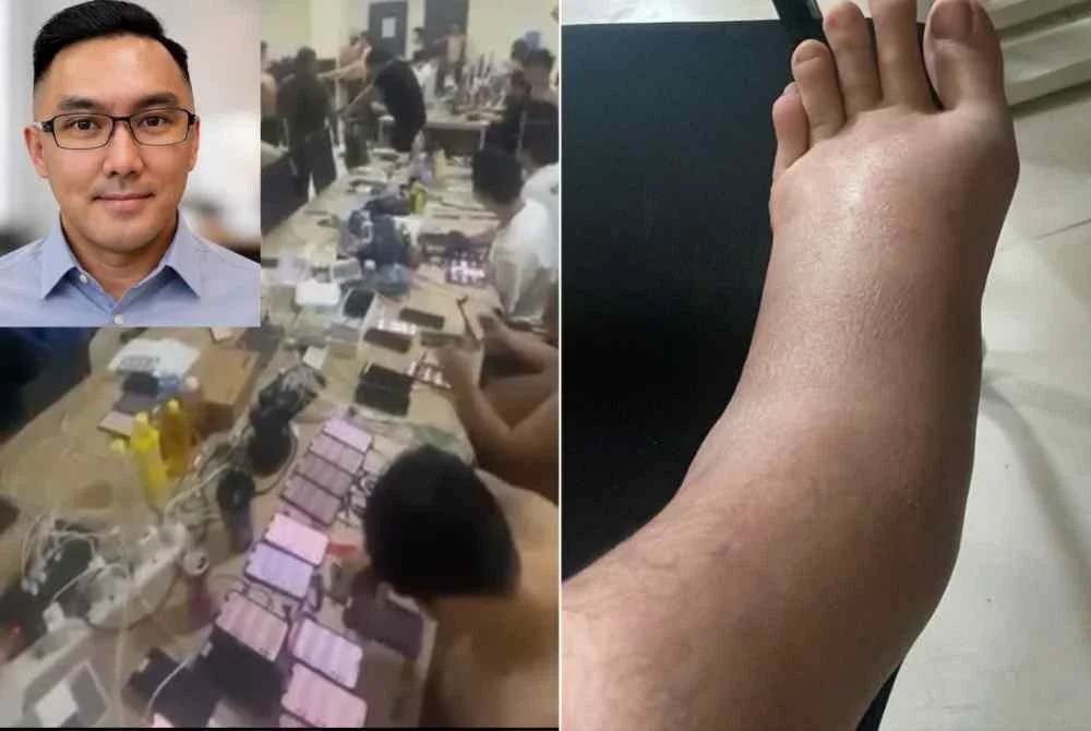 Salinan video aktiviti pekerjaan yang perlu dilalui oleh mangsa di satu lokasi tidak diketahui di luar negara dan bahagian kaki dipukul sehingga cedera (kanan). Gambar kecil : Daniel Khoo