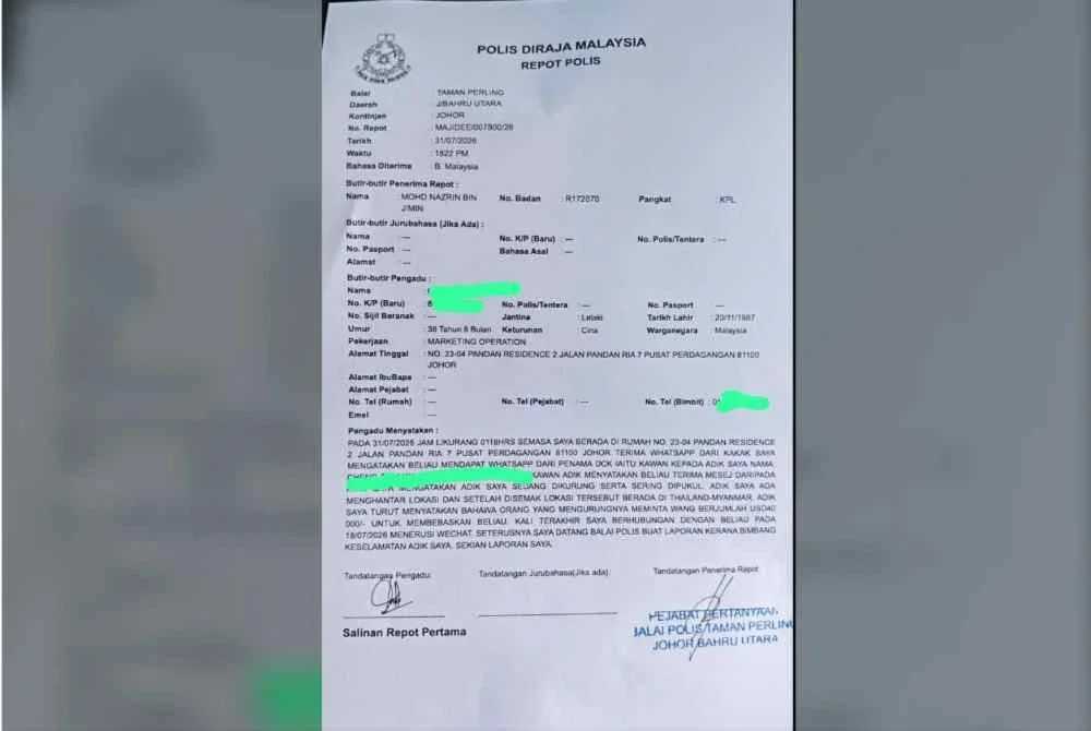 Laporan polis yang dibuat oleh mangsa.