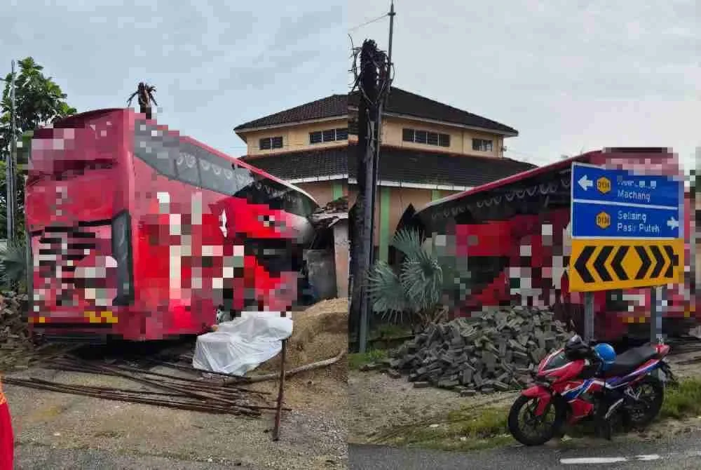 Sebuah bas ekspres yang dalam perjalanan dari Negeri Sembilan ke Kota Bharu terbabas sebelum merempuh sebuah surau di pekarangan sebuah sekolah rendah, awal pagi Isnin. Foto tular media sosial