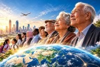Menjelang akhir 2070-an, jumlah penduduk dunia berumur 65 tahun dan ke atas akan mencecah 2.2 bilion orang. Imej janaan AI