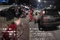 Kejadian mengakibatkan dua maut dalam kemalangan membabitkan tiga kenderaan awal pagi Isnin. - Foto: Media sosial