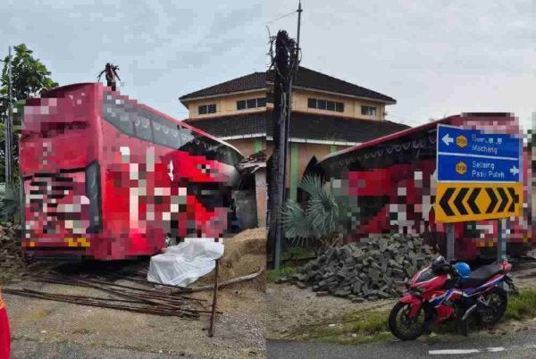 Sebuah bas ekspres yang dalam perjalanan dari Negeri Sembilan ke Kota Bharu terbabas sebelum merempuh sebuah surau di pekarangan sebuah sekolah rendah, awal pagi Isnin. Foto tular media sosial 