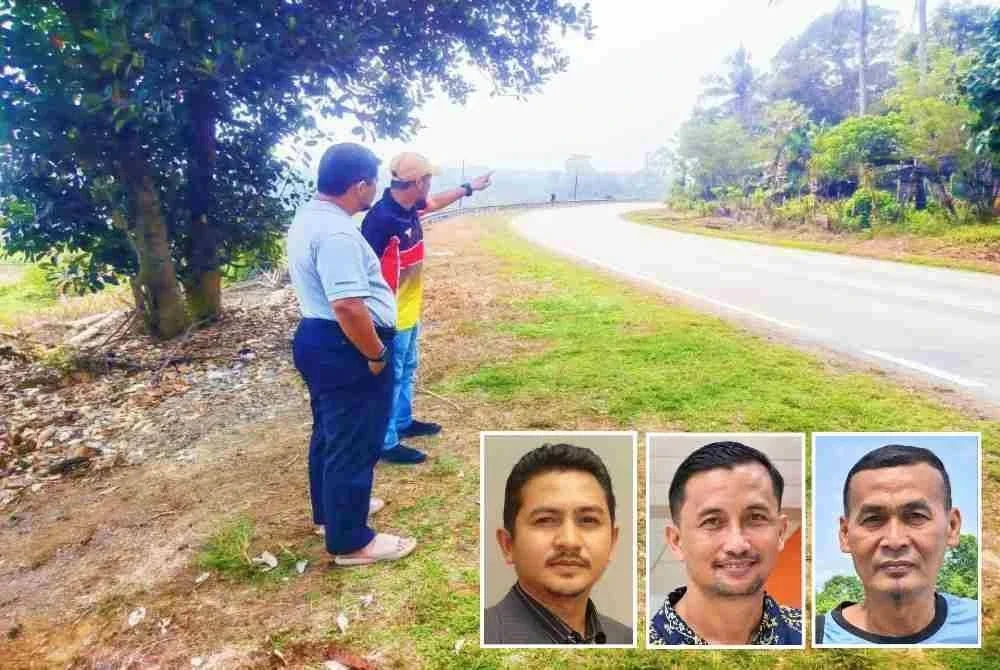 Mohamad Nazirul meninjau laluan yang kerap berlaku kemalangan bersama wakil Ibu Pejabat FGV Holdings Berhad. Foto ihsan pembaca (Gambar kecil dari kiri: Mohd Rafie, Asmawie dan Abdul Latip) 