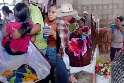 Rakaman video yang tular di media sosial menunjukkan beberapa individu mengerumuni keranda sebelum membantu remaja berkenaan bangun dan keluar - Foto: Agensi