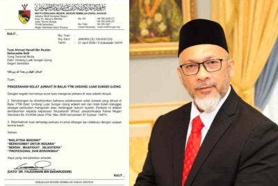 Surat tersebar berkenaan ke keputusan solat Jumaat di Balai Undang Luak Sungei Ujong dan Fauzdinaim (kanan)