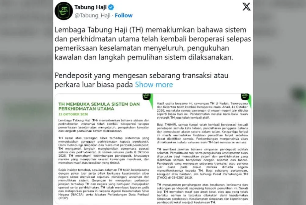TH memaklumkan, pemulihan berkenaan dilaksanakan selepas pemeriksaan keselamatan secara menyeluruh.
