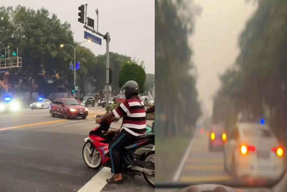 Adegan MPV mengejar Proton Saga merah dinaiki pasangan kekasih yang melarikan diri ketika pemeriksaan polis.